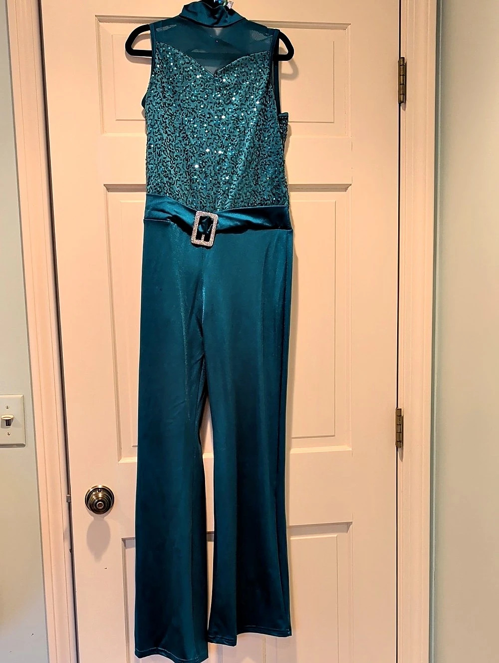 Weissman Sequin Wide-Leg Jumpsuit in Teal Size XLC